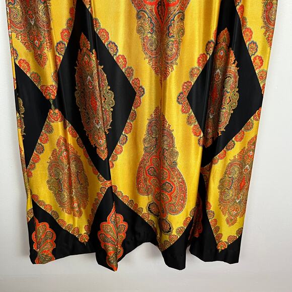 Vintage 70s Hostess Maxi Dress Gown Black Gold Paisley Bow V-Neck Long Sleeve - Picture 9 of 10